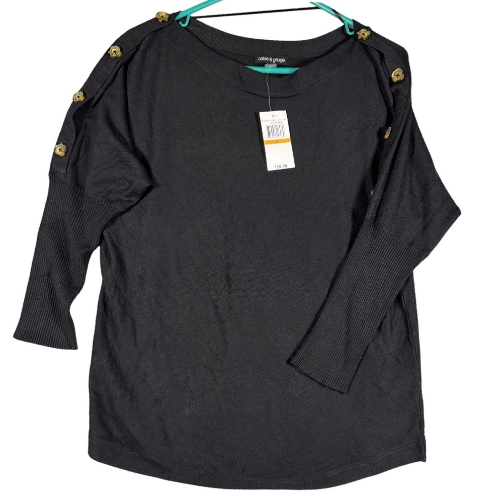 Cable & Gauge Womens S Black Knit Sweater Button Shoulder Preppy Boatneck‎